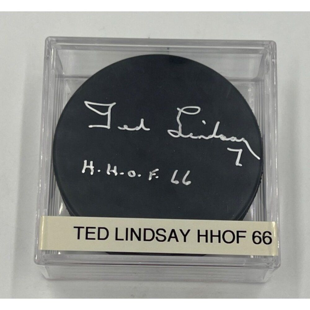 Ted Lindsay Signed Hockey Puck HHOF 66 Inscribed With Display Case